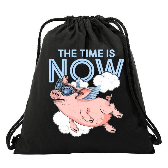 The Time Is Now Flying Pig Drawstring Bag