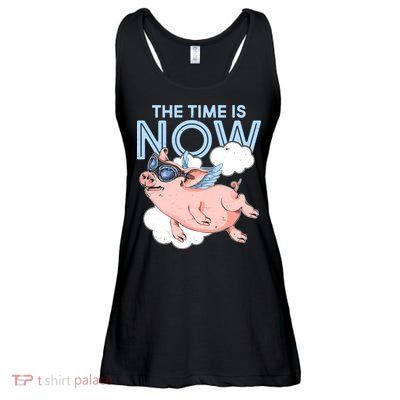 The Time Is Now Flying Pig Ladies Essential Flowy Tank