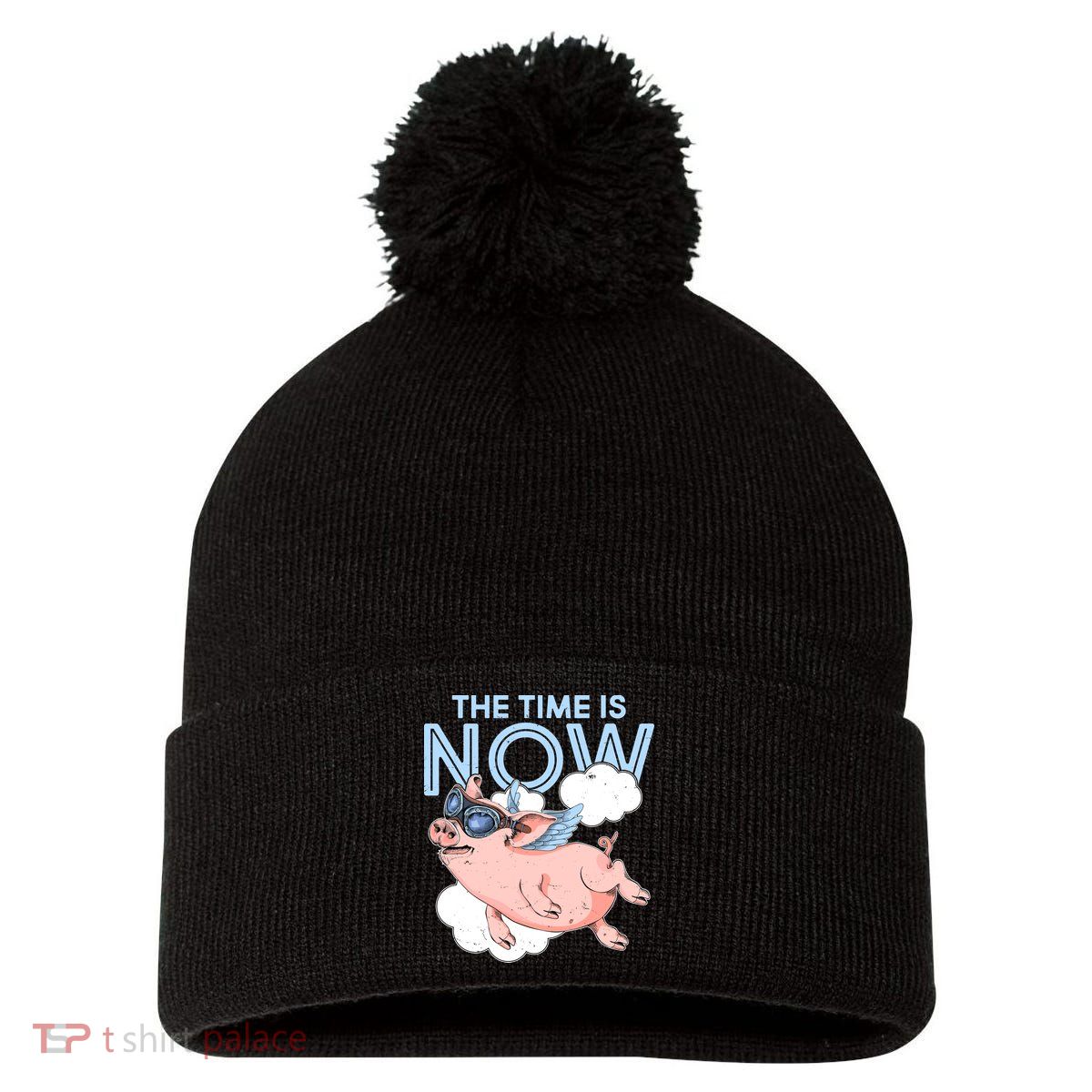 The Time Is Now Flying Pig Pom Pom 12in Knit Beanie