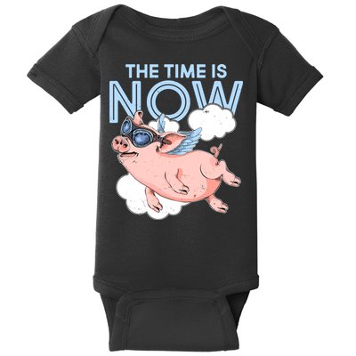 The Time Is Now Flying Pig Baby Bodysuit