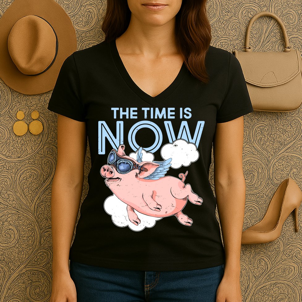 The Time Is Now Flying Pig Women's V-Neck T-Shirt
