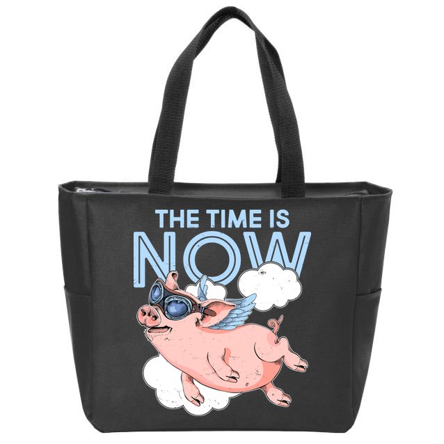 The Time Is Now Flying Pig Zip Tote Bag
