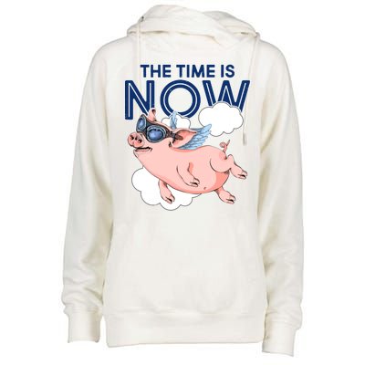 The Time Is Now Flying Pig Womens Funnel Neck Pullover Hood