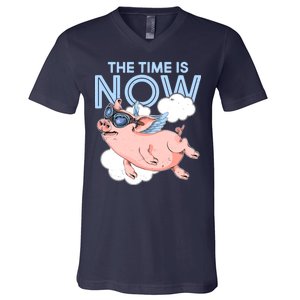 The Time Is Now Flying Pig V-Neck T-Shirt