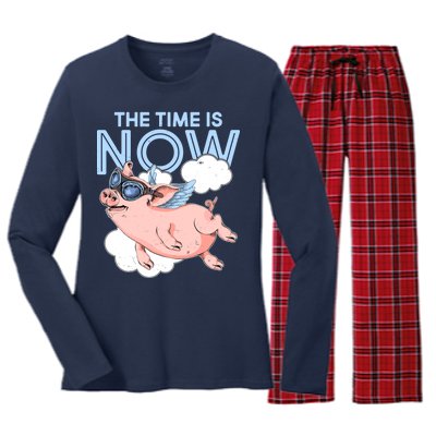 The Time Is Now Flying Pig Women's Long Sleeve Flannel Pajama Set 