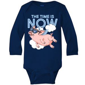 The Time Is Now Flying Pig Baby Long Sleeve Bodysuit