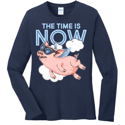 The Time Is Now Flying Pig Ladies Long Sleeve Shirt