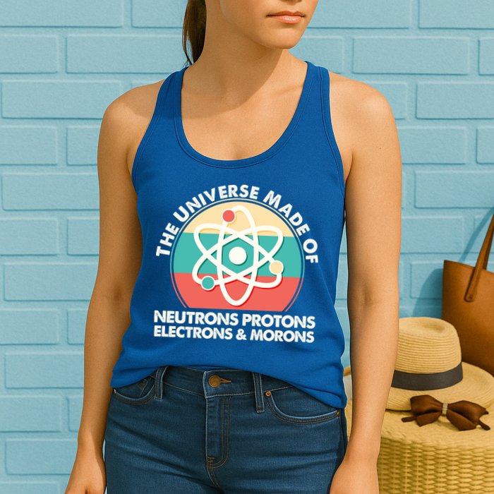 The Universe Made Of Neutrons Protons Electrons Morons Womens Tank Top