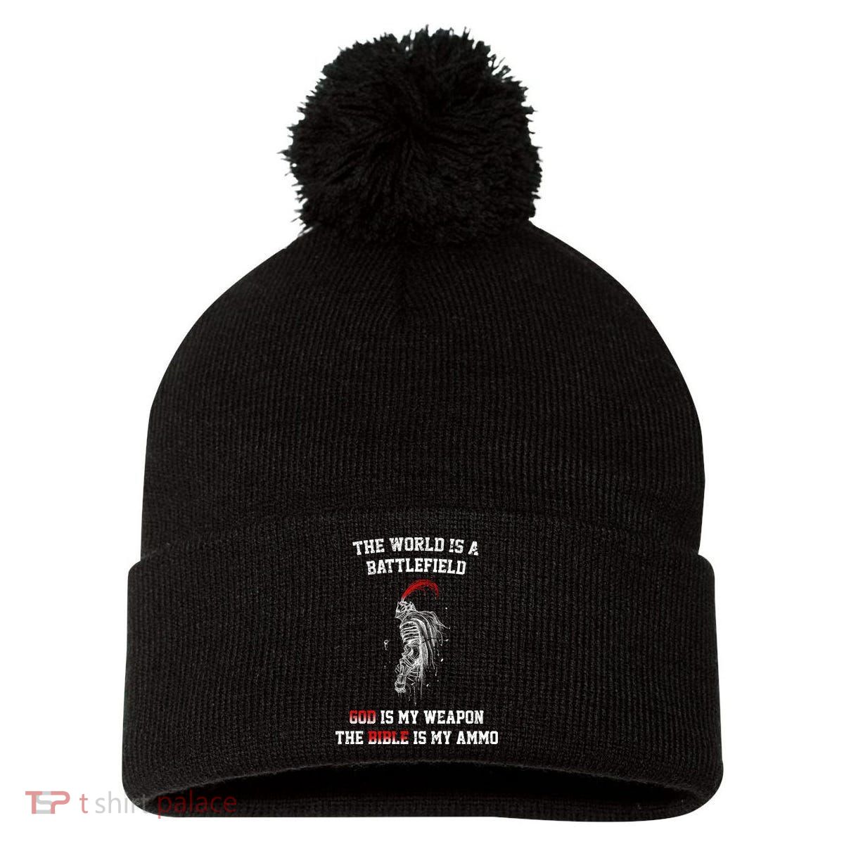 The World Is a Battlefield God is my Weapon Pom Pom 12in Knit Beanie