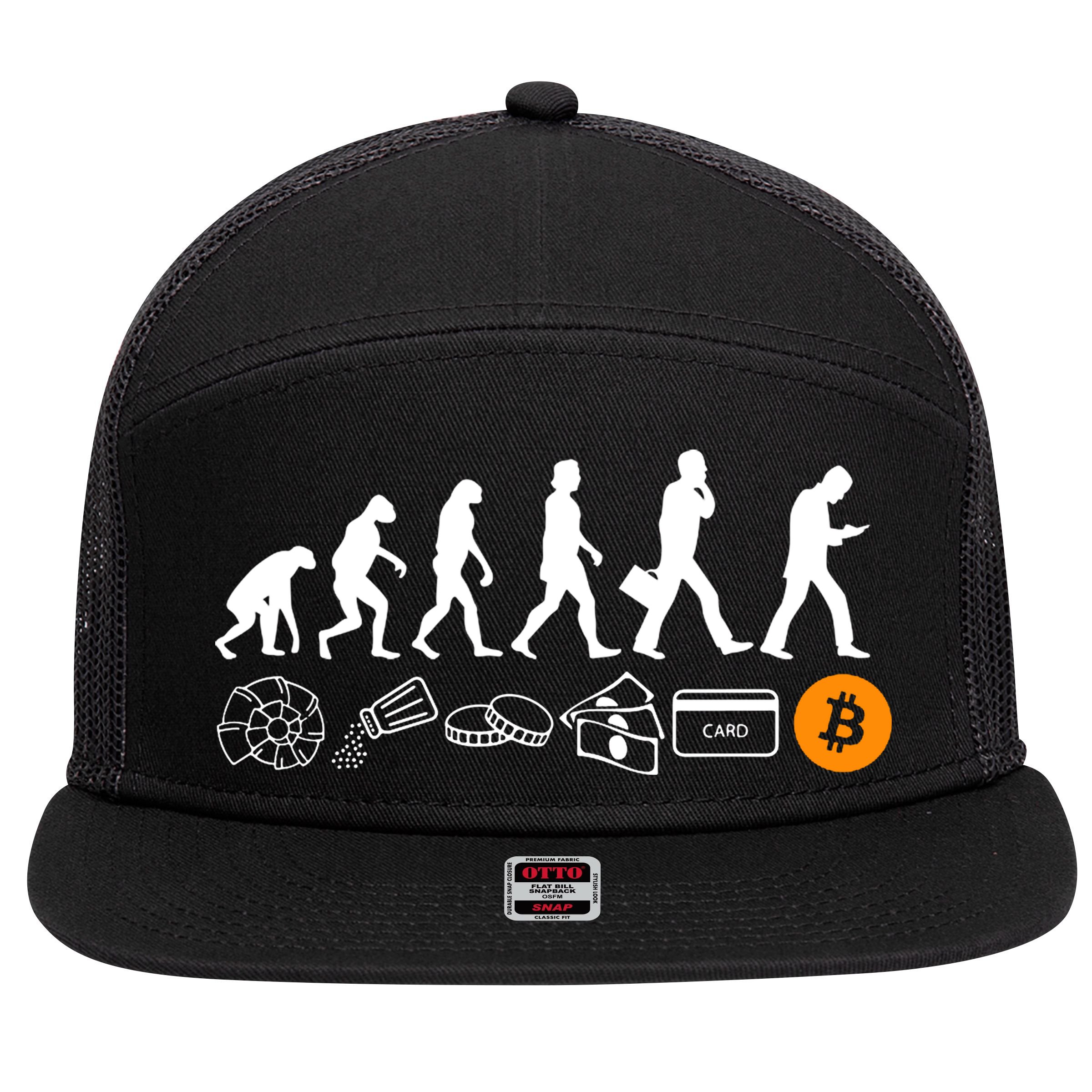 The Human Evolution Of Money Bitcoin 7 Panel Mesh Trucker Snapback Hat