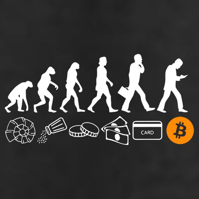 The Human Evolution Of Money Bitcoin 7 Panel Mesh Trucker Snapback Hat