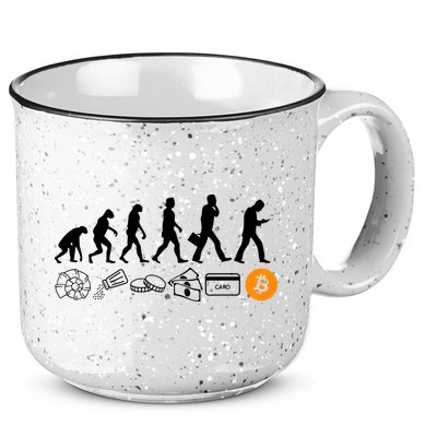 The Human Evolution Of Money Bitcoin 15oz Campfire Ceramic Mug