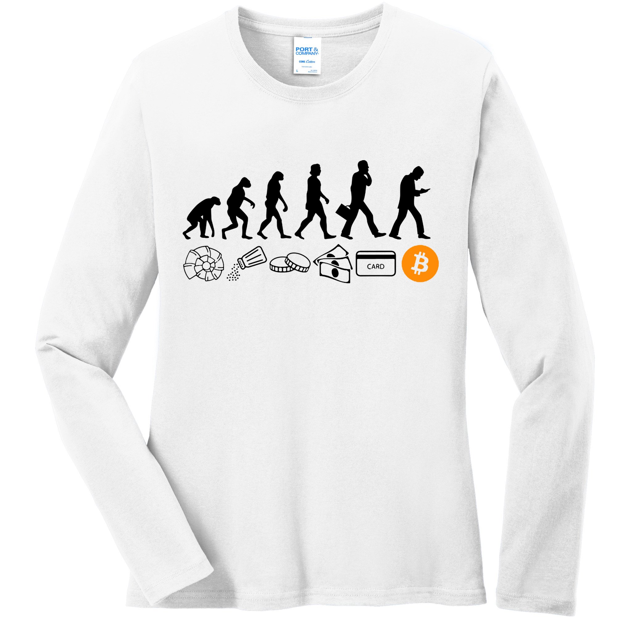The Human Evolution Of Money Bitcoin Ladies Long Sleeve Shirt