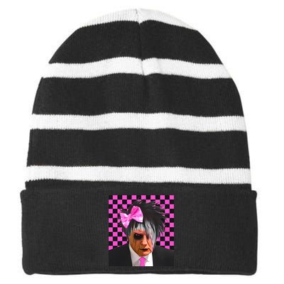 Teen Hearts Emo Trump Dump Mugshot Striped Beanie with Solid Band