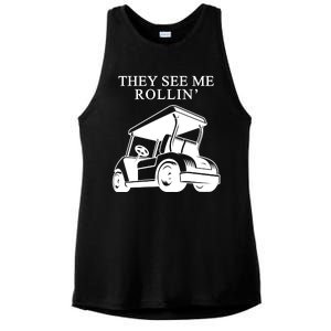 They See Me Rollin Funny Golf Cart Ladies PosiCharge Tri-Blend Wicking Tank