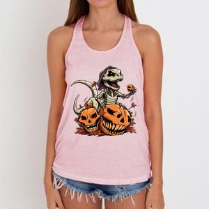 TRex Halloween Funny Pumpkin Skeleton Riding Mummy Dinosaur Great Gift Women's Knotted Racerback Tank