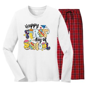 Teacher Happy First Day Of School Back To School Kindergarten Teacher Women's Long Sleeve Flannel Pajama Set 