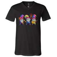 Three Hippie Gnomes Tie Dye Retro Hat Peace Gnome V-Neck T-Shirt