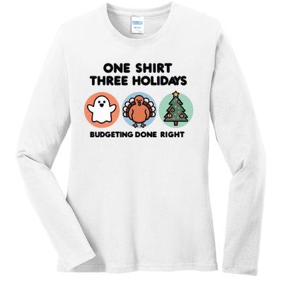 Triple Holiday Ghost Turkey & Tree Budgetfriendly Ladies Long Sleeve Shirt