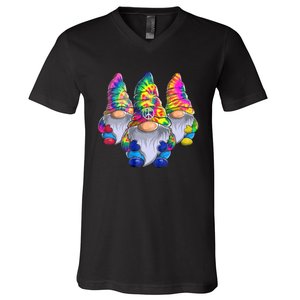 Three Hippie Gnomes Peace Gnome Funny Retro Tie Diy Design V-Neck T-Shirt