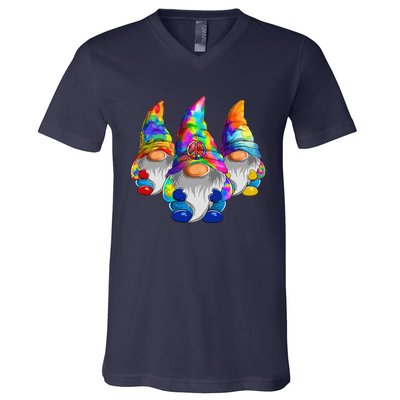 Three Hippie Gnomes Retro Tie Dye Style A Peace Love Gnomies V-Neck T-Shirt