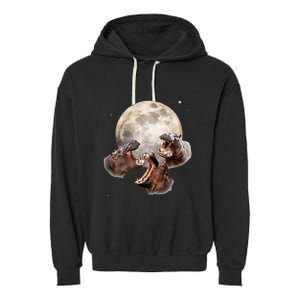 Three Hippo Howling At Moon Funny Hippo Lovers Costume Garment-Dyed Fleece Hoodie