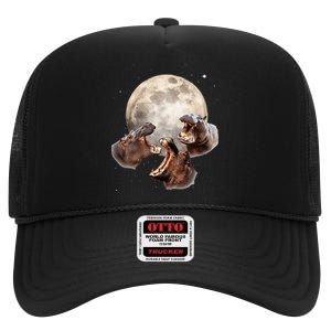 Three Hippo Howling At Moon Funny Hippo Lovers Costume High Crown Mesh Back Trucker Hat