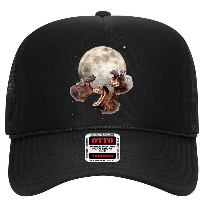 Three Hippo Howling At Moon Funny Hippo Lovers Costume High Crown Mesh Back Trucker Hat