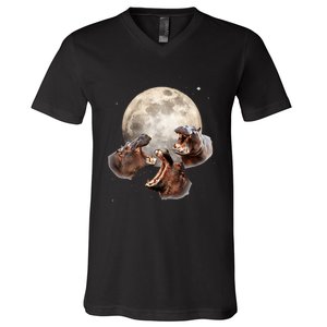 Three Hippo Howling At Moon Funny Hippo Lovers Costume V-Neck T-Shirt