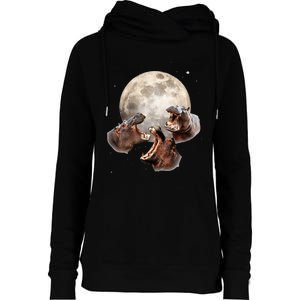 Three Hippo Howling At Moon Funny Hippo Lovers Costume Womens Funnel Neck Pullover Hood