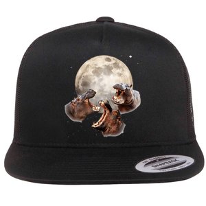 Three Hippo Howling At Moon Funny Hippo Lovers Costume Flat Bill Trucker Hat