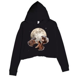 Three Hippo Howling At Moon Funny Hippo Lovers Costume Crop Fleece Hoodie