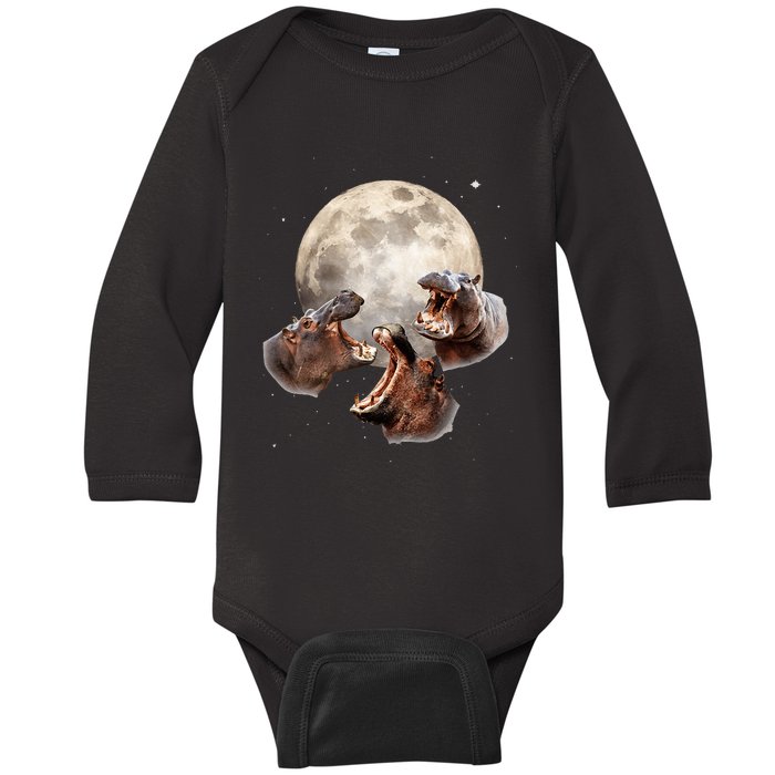 Three Hippo Howling At Moon Funny Hippo Lovers Costume Baby Long Sleeve Bodysuit