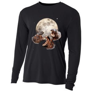 Three Hippo Howling At Moon Funny Hippo Lovers Costume Cooling Performance Long Sleeve Crew