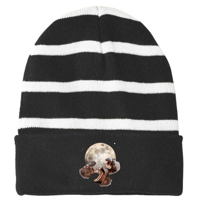 Three Hippo Howling At Moon Funny Hippo Lovers Costume Striped Beanie with Solid Band