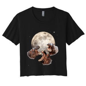 Three Hippo Howling At Moon Funny Hippo Lovers Costume Women's Crop Top Tee