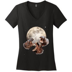 Three Hippo Howling At Moon Funny Hippo Lovers Costume Women's V-Neck T-Shirt