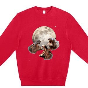 Three Hippo Howling At Moon Funny Hippo Lovers Costume Premium Crewneck Sweatshirt