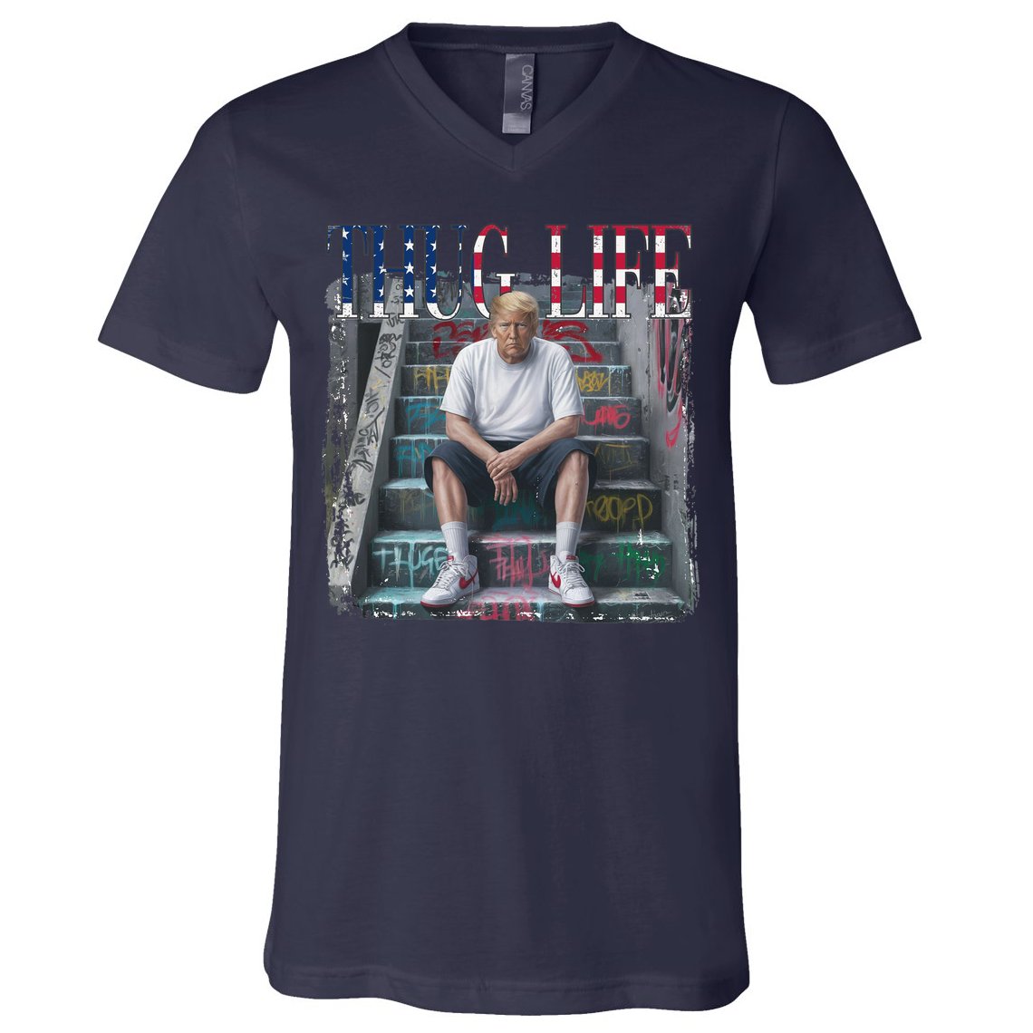 Trump Hip Hop Thug Life America Flag Vote Felon Conviction V-Neck T-Shirt