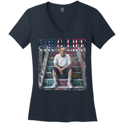 Trump Hip Hop Thug Life America Flag Vote Felon Conviction Women's V-Neck T-Shirt