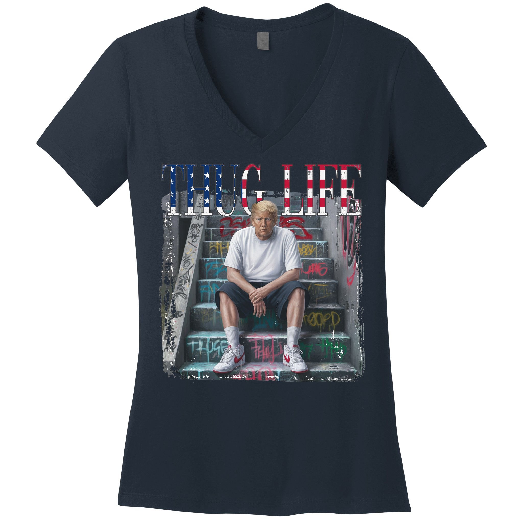 Trump Hip Hop Thug Life America Flag Vote Felon Conviction Women's V-Neck T-Shirt