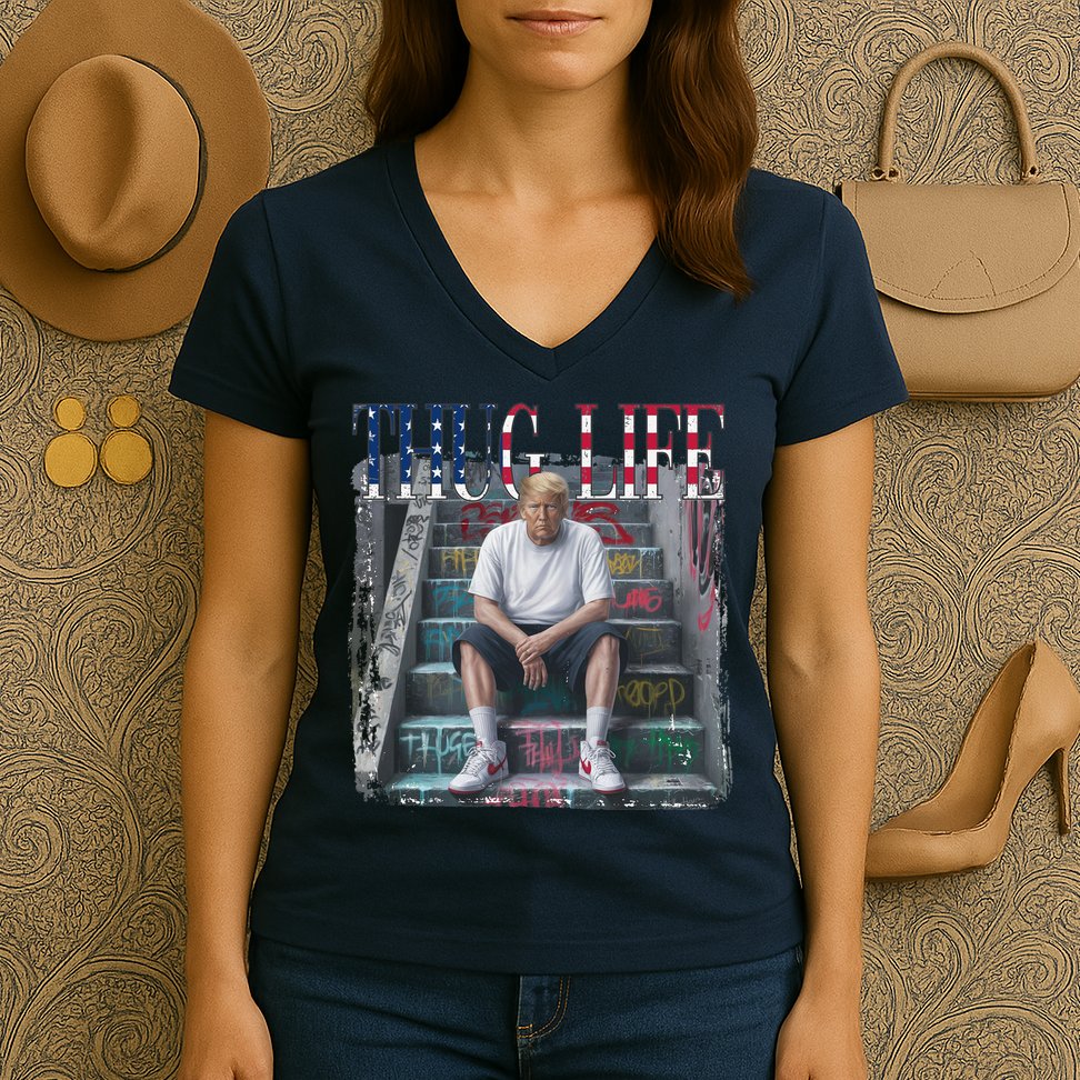 Trump Hip Hop Thug Life America Flag Vote Felon Conviction Women's V-Neck T-Shirt