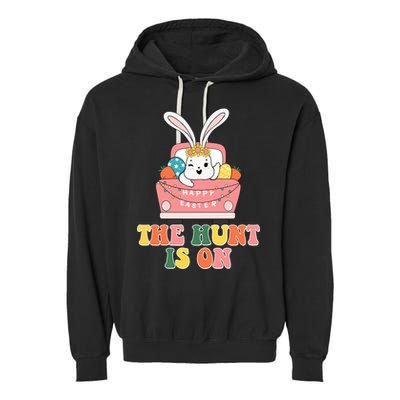The Hunt Is On Easter Bunny Holiday Garment-Dyed Fleece Hoodie