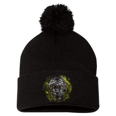 Tiger Hiding In The Grass Pom Pom 12in Knit Beanie