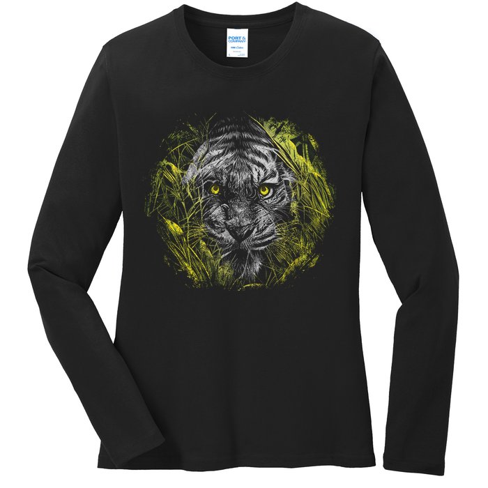 Tiger Hiding In The Grass Ladies Long Sleeve Shirt