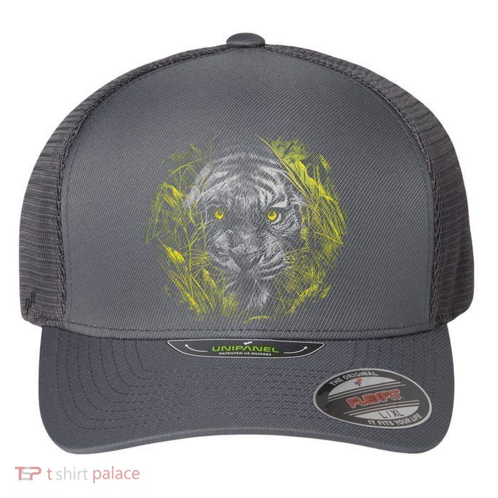 Tiger Hiding In The Grass Flexfit Unipanel Trucker Cap