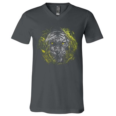 Tiger Hiding In The Grass V-Neck T-Shirt