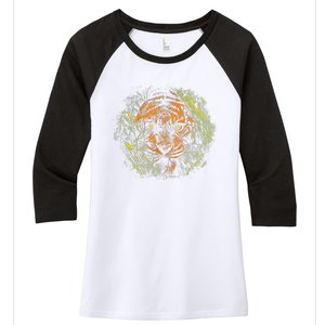 Tiger Hiding In The Grass Women's Tri-Blend 3/4-Sleeve Raglan Shirt