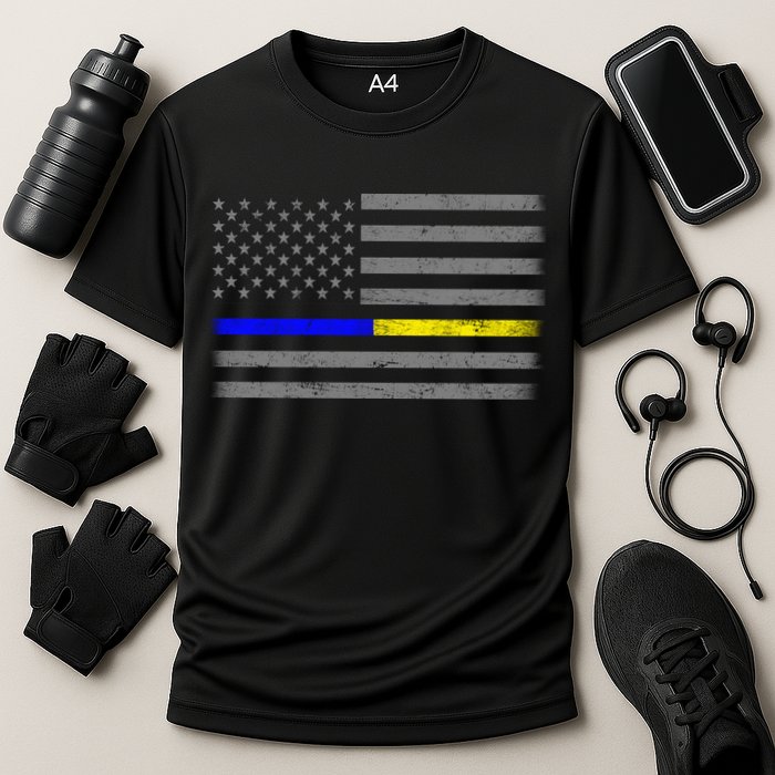 Thin Blue Gold Line Police Dispatcher Flag Cooling Performance Crew T-Shirt