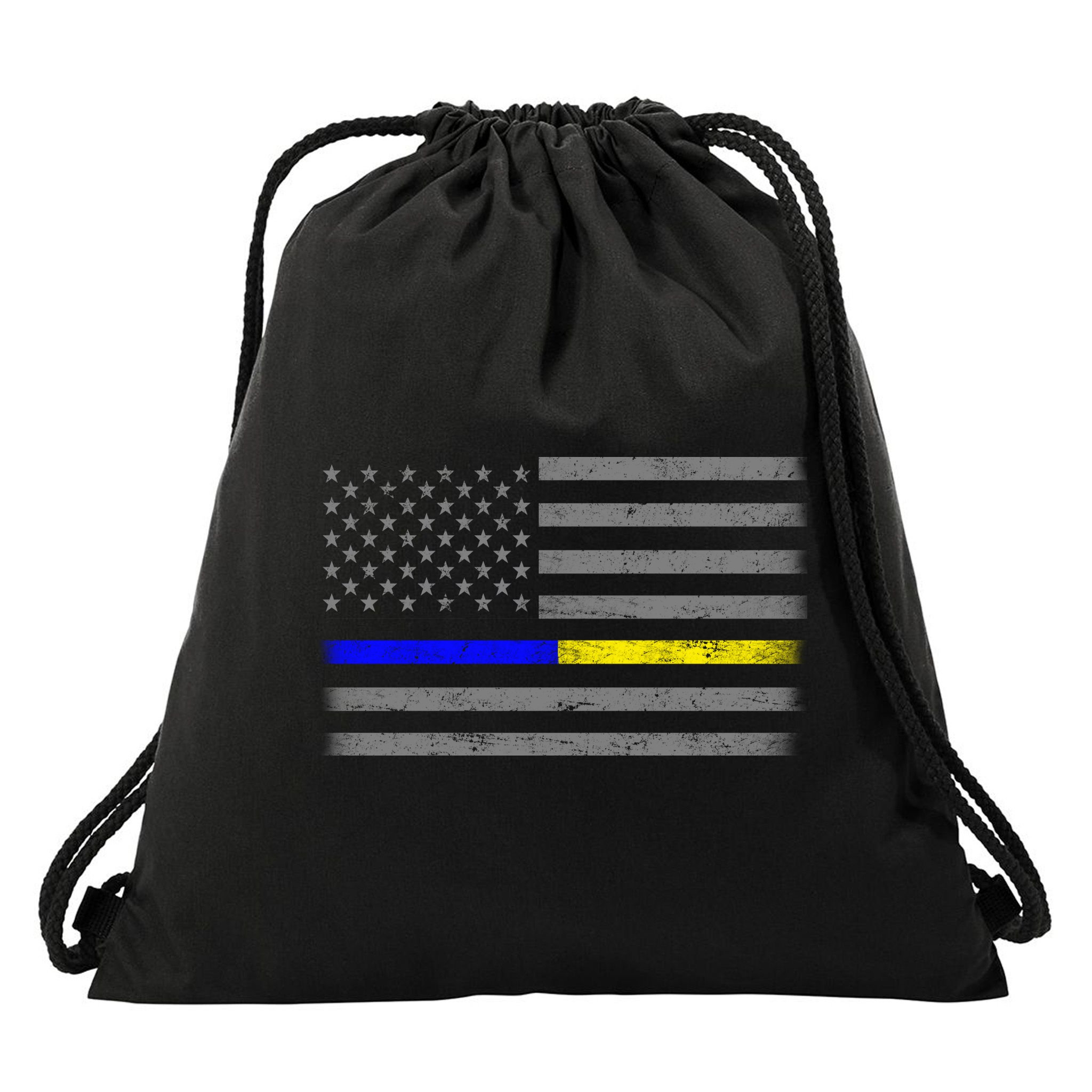 Thin Blue Gold Line Police Dispatcher Flag Drawstring Bag